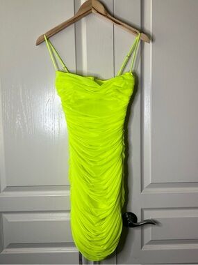 House of CB Ella Neon Yellow Ruched Spaghetti Strap Mini Dress